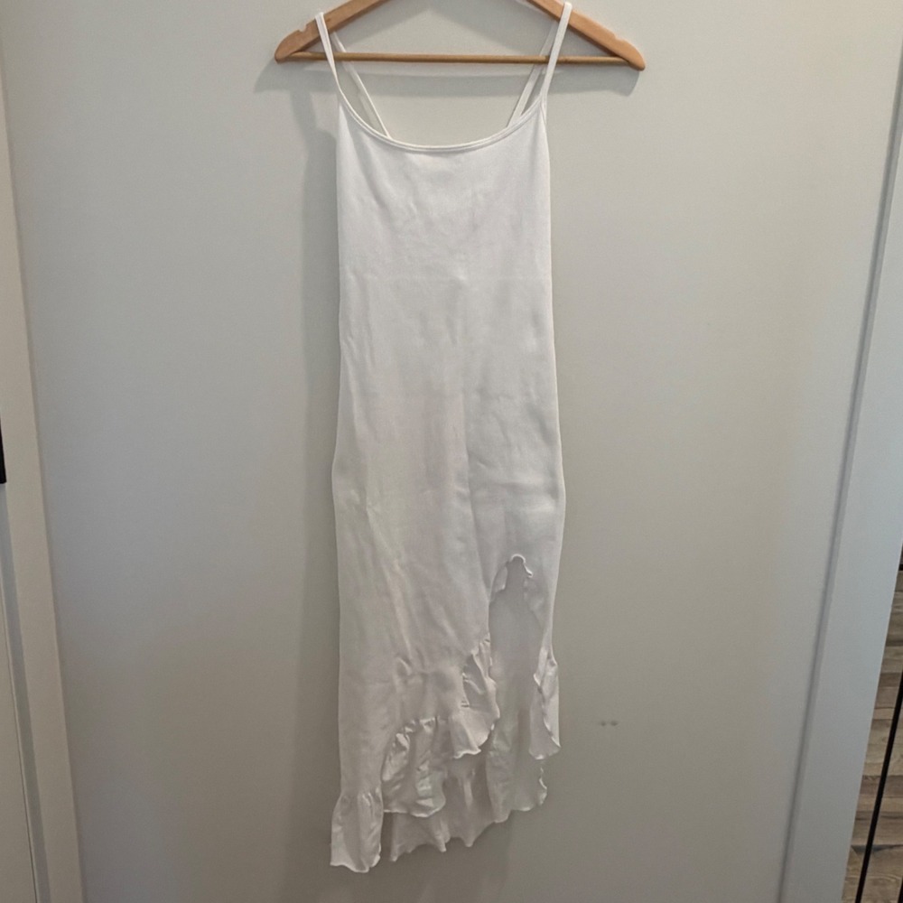 OQQ White Ribbed Ruffle High Low Midi Dress‎ XL Strappy Back Slit Sleeveless